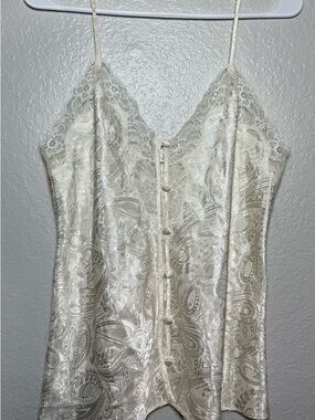 Erika Taylor Intimates Satin Paisley Lace Cami Button Front Sleeveless Ivory M